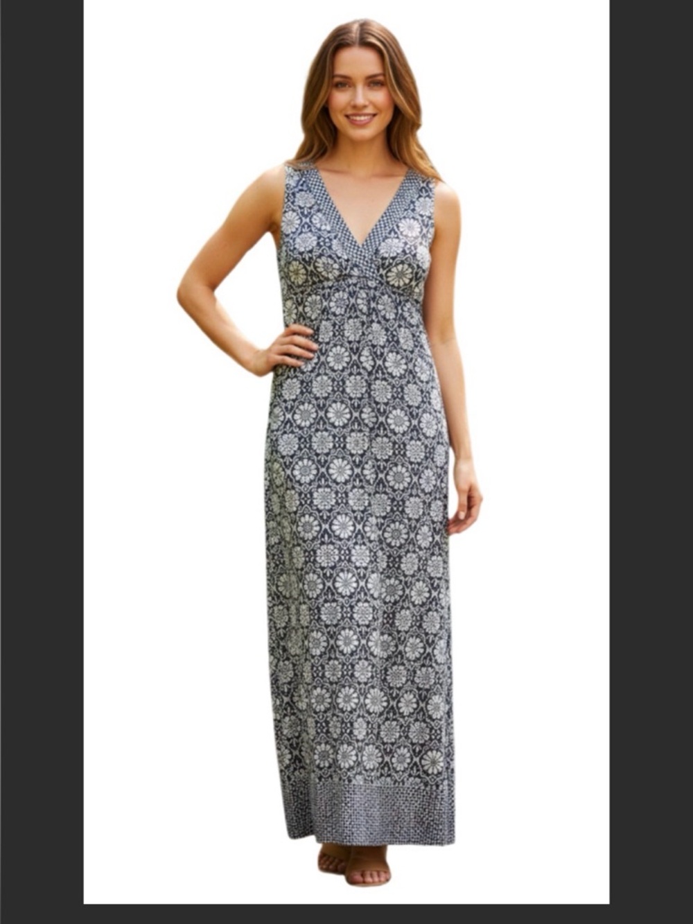 J. Jill Size S Sleeveless V-Neck Printed Maxi Dress in Navy and White